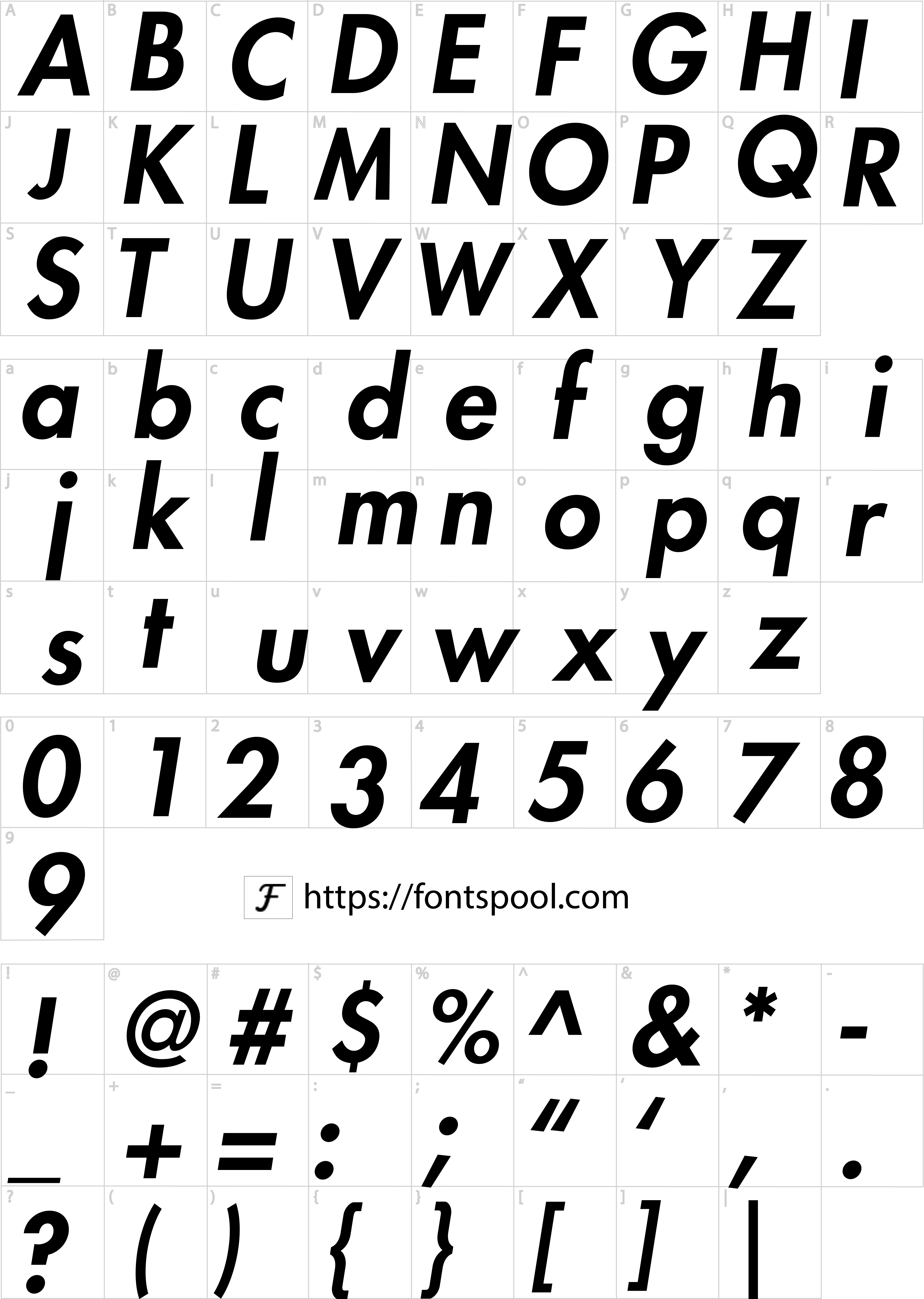 Futura Heavy Oblique Font character set